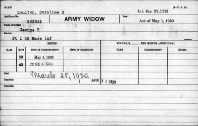 Pension Payment Card (front), Caroline S. Moulton, 1920-1930