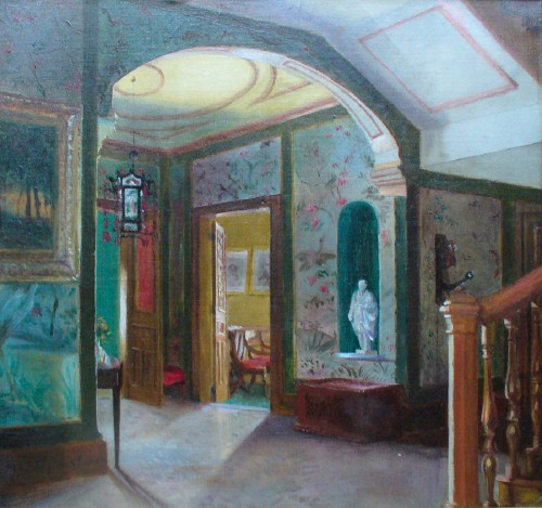 Late 19th-century oil painting of house interior, probably Fredonia of Milton