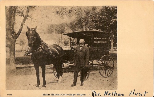 postcard of Maine Baptist Colportage Wagon with Rev. Nathan Hunt