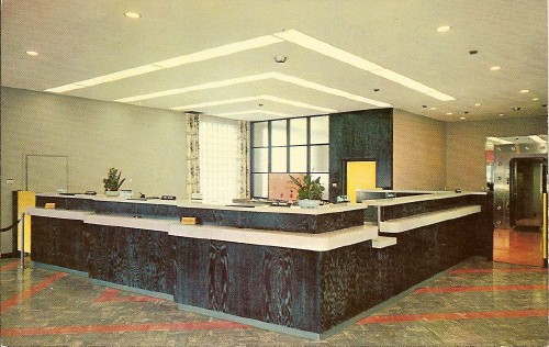 postcard showing Milton Savings Bank lobby in 1954